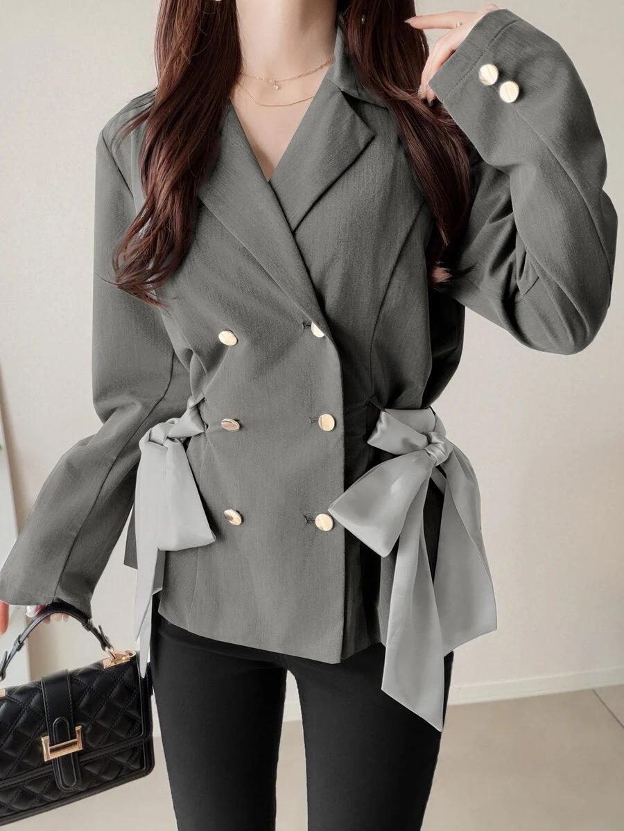 FRIFUL Women's Solid Color Double-Breasted Side Waist Tie Casual Blazer - Grey - View 1