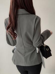 FRIFUL Women's Solid Color Double-Breasted Side Waist Tie Casual Blazer - Grey - View 6