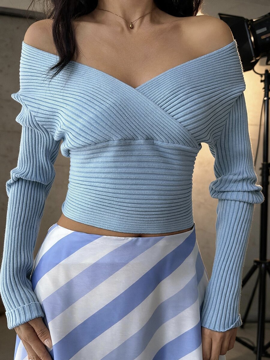 Strévra Women's Square Neck Long Sleeve Casual Sweater - Blue - View 1