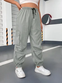 POPSWAY Plus Size Women's Casual Cargo Pants With Drawstring Pockets, Minimalist Style For Spring/Autumn, Campus And Commute - Light Grey - View 3
