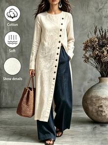 SHEIN Women's Round Neck Split Button Long Sleeve Blouse - Apricot - View 1