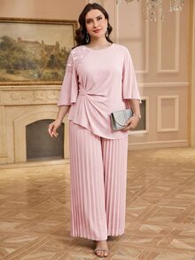 SHEIN Clasi 大尺碼女款仿珍珠裝飾上衣與長褲休閒日常兩件套 - 粉色 - 查看 5