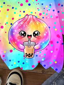 Tween Girl Casual Minimalist Cute Fun Squeeze Bun Pattern, Glitter, Rhinestone Bun, Tie-Dye, Round Neck Short Sleeve T-Shirt, Suitable For Summer, Kawaii, Graphic, Tops, Cute Tops, Easy Comfort - 彩色 - 查看 6