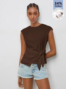 Maija Women's Solid Color Pleated Casual Daily T-Shirt - Brown - View 5