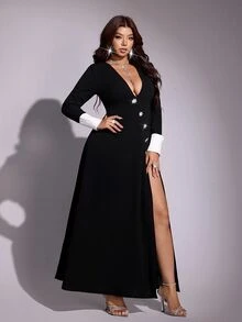 Viva Relle Plus Size Women Deep V-Neck Long Sleeve Side Slit Hem Sexy Black & White Contrast Elegant Dress Fall - Black - View 4