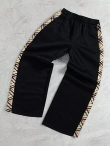 SHEIN 青少年男孩休閒拼色格紋拼接黑色運動長褲，適合秋冬返校季 - 黑色 - 查看 3