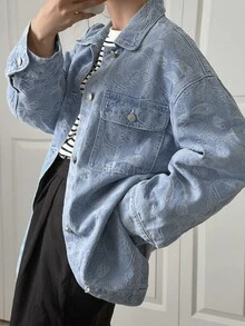 FRIFUL Women's Single-Breasted All-Over Print Casual Daily Denim Top - Blue - View 5
