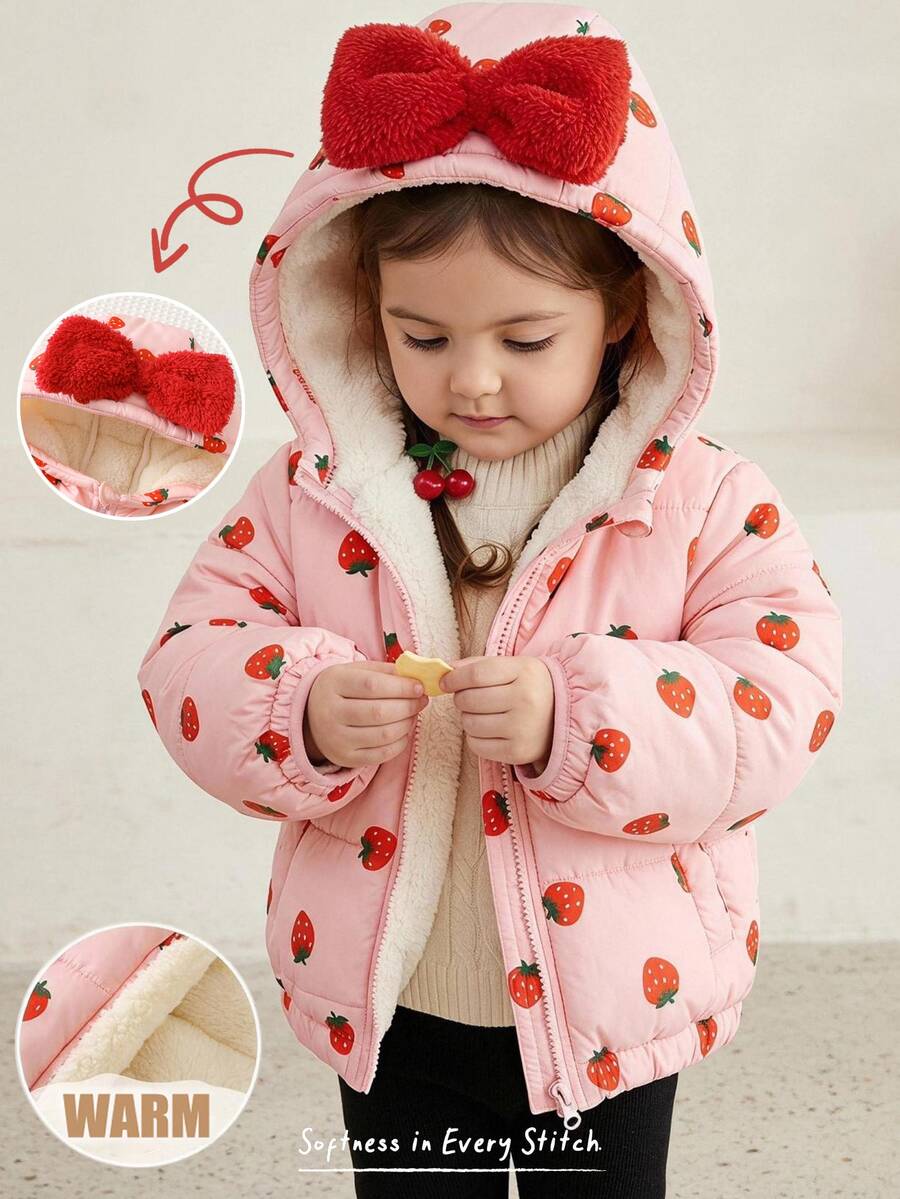 Cozy Pixies Jaket Bayi Perempuan Lucu, Nyaman, Tebal, Lembut, Bermotif Stroberi, Cocok untuk Musim Dingin - Berwarna merah muda - View 1