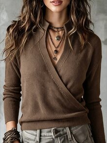 Breezaya Elegant Cross-Wrap Long Sleeve Design Women's Sweater - Brown - View 3