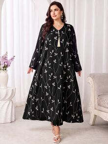 Al Najma 大尺碼女款植物刺繡流蘇設計長袖優雅阿拉伯風洋裝 - 黑色 - 查看 2