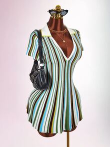 Amplova Colorblock Striped Polo Collar Cinched Waist A-Line Knit Mini Dress - Multicolor - View 9