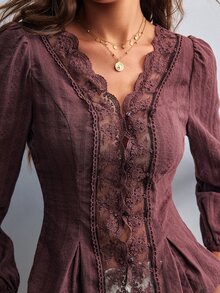 Willow Rêve Women's Brown Jacquard Woven Fabric Contrast Lace Trim Puff Long Sleeve Blouse - Brown - View 7