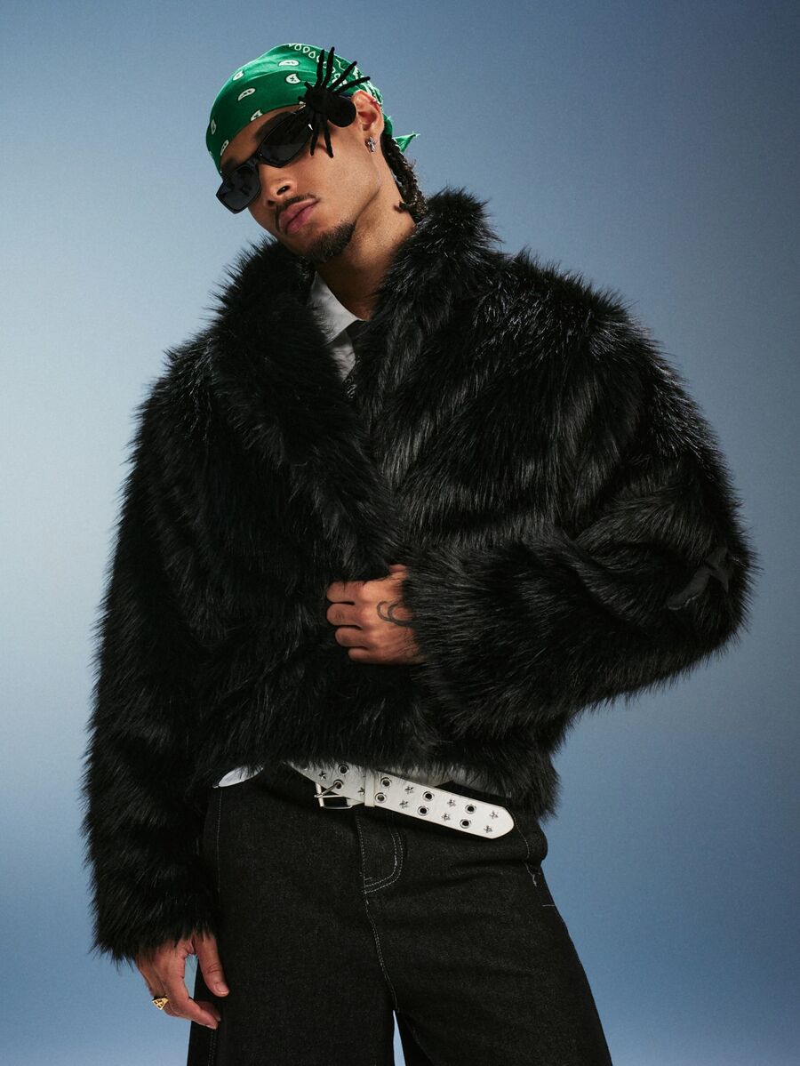 PAVTROS Men's Faux Fur Jacket Holiday Edition Halloween Christmas New Year - Black - View 1