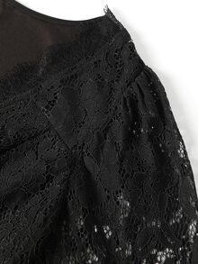Rometta Plus Size Elegant Solid Color V-Neck Lace Patchwork Waist-Cinching Dress Suitable For Party And Ball Wear - Black - View 4