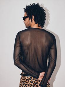 DSELFIQUE Men's Solid Color Mesh Deep V-Neck Long Sleeve Sexy T-Shirt - Black - View 4