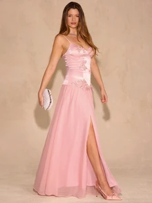 Enchnt Premium Winter Romantic Women's Elegant Pink Applique Decorated Ruffle Hem Party Prom Dress,Thanksgiving,Luxury Wedding Evening Dress,Christmas - Baby Pink - View 4