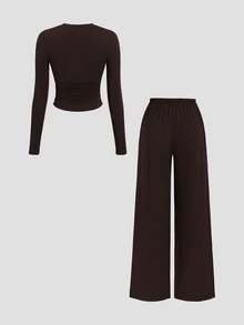 Sweetra New Casual Commute Minimalist Small Round Neck Waist-Flattering V-Hem Top And Wide Leg Pants Coffee Brown 2 Pieces Set - Coffee Brown - View 2
