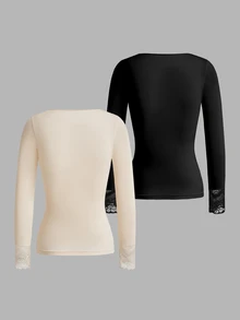 SHEIN LUNE 2pcs Multi-Color Combination Women's Contrast Lace Long Sleeve T-Shirt - Multicolor - View 2