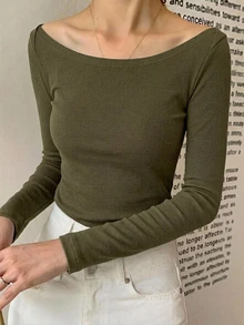 DAZY 女款大圓領修身短袖優雅T恤 灰色 春夏款 - 綠色 - 查看 1