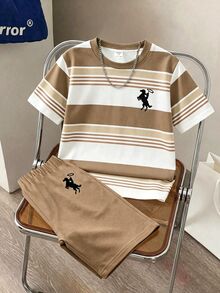 青少年男孩條紋短袖T恤與純色短褲2件式夏季套裝，馬騎圖案學院風休閒配色套裝 - 彩色 - 查看 6