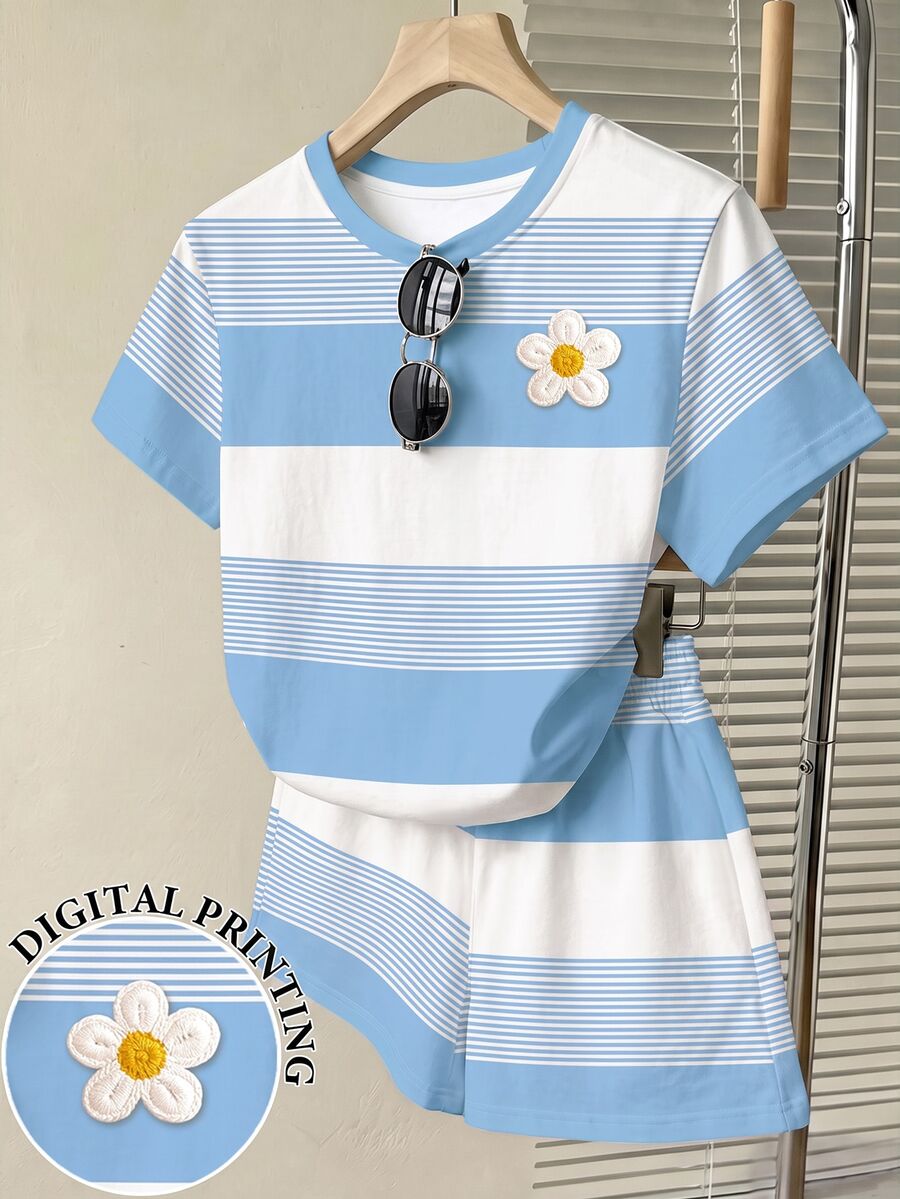 青少年女孩休閒舒適藍色條紋花卉圖案寬鬆圓領T恤與寬鬆短褲2件套,適合日常穿著、外出、校園、返校季,甜美酷感慵懶休閒時尚風 - 彩色 - 查看 1