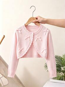 SHEIN Tween Girl Sweet Bow Decor Button Knit Cardigan - Pink - View 5