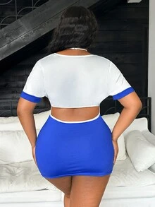 Fantasy Costume Fantasy Costume 2pcs Dress + Tie Uniform Flight Attendant Server Cosplay Deep V Backless Halloween Party Club Date Night Plus Size Sexy Costume - Blue and White - View 2