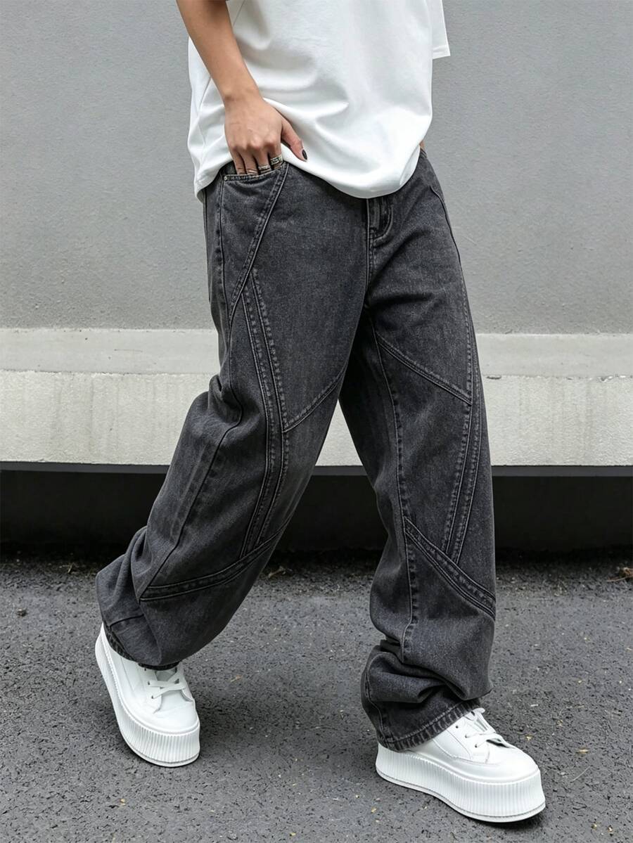 Manfinity EMRG Men's Solid Color Fashion Casual Wide Leg Jeans - Dark Grey - View 1