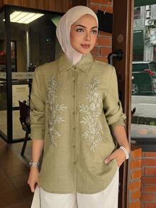 DAZY Spring/Summer Women's Casual Lace Patchwork Blouse - Army Green - View 1
