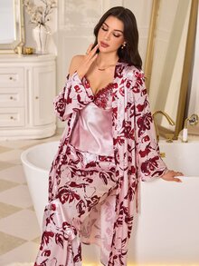 LuxeNights Set Atasan Camisole dengan Trim Renda Kontras dari Sutra Imitasi, Celana Panjang, dan Jubah Panjang Elegan dari Sutra Imitasi dengan Motif Bunga - MultiWarna - View 6