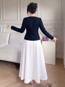 Modelyn Women's Round Neck Metal Button Top & Solid Color Skirt Fashion Elegant Set - Navy Blue - View 4