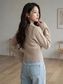 Livesso Autumn/Winter Khaki Round Neck Button Cable Knit Long Sleeve Slim Fit Ribbed Cardigan For Women - Khaki - View 2