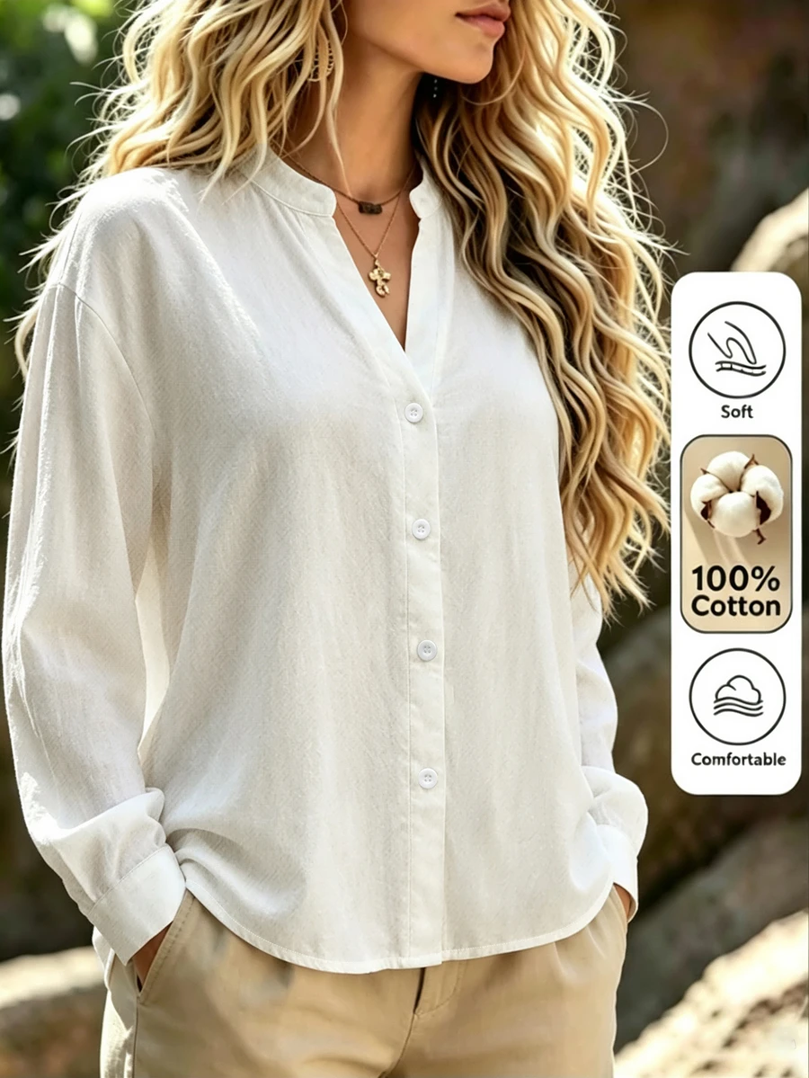 Linhara CURVE Women's Plus Size Solid Color Stand Collar V-Neck White Blouse, Loose Long Sleeve Casual Top, Versatile Multi-Function Top, Suitable For Commuting And Daily Wear - White - View 1