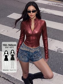 SHEIN PETITE 女款純色PU皮革長袖前拉鍊輕便夾克 - 酒紅色 - 查看 10
