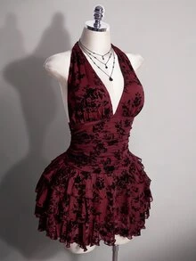 SHEIN ICON 女款大尺碼花卉印花時尚派對掛脖洋裝 冬季 - 酒紅色 - 查看 5