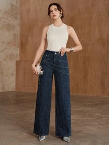 Anewsta Women's Loose Wide Leg Casual Denim Jeans With Pocket And Rhinestone - Dark Wash - View 6