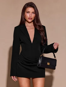 SHEIN BAE 時尚優雅通勤西裝外套，粉色西裝洋裝，長袖 + 迷你裙，職場氣場洋裝，回歸辦公室，粉色套裝洋裝，約會之夜 / 婚禮賓客 - 黑色 - 查看 6