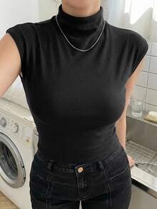 Dazy Plus Solid Color Semi-High Neck Short Sleeve Casual T-Shirt, New Style For Spring, Summer And Early Autumn - Black - View 4