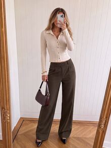Avantive Women's Striped Pocket Straight Leg Casual Commute Suit Pants - Rust Brown - View 10
