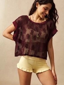 VARSIVA 女款蝙蝠袖短袖露背休閒健身運動T恤 - 酒紅色 - 查看 3