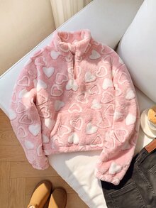 SHEIN Tween Girl 童女兒童針織蝴蝶結毛絨領拉鍊拼接寬鬆休閒長袖秋冬衛衣 - 粉色 - 查看 1