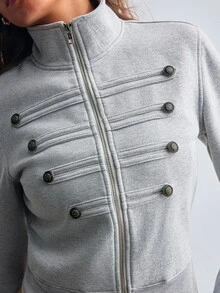 Willow Rêve Women's Light Grey Fitted Zip-Up Sweatshirt,Decorative Buttons,Mock Neck,Long Sleeves,Minimalist Casual Autumn For Daily,Travel,Women's Sweatshirts - Light Grey - View 5
