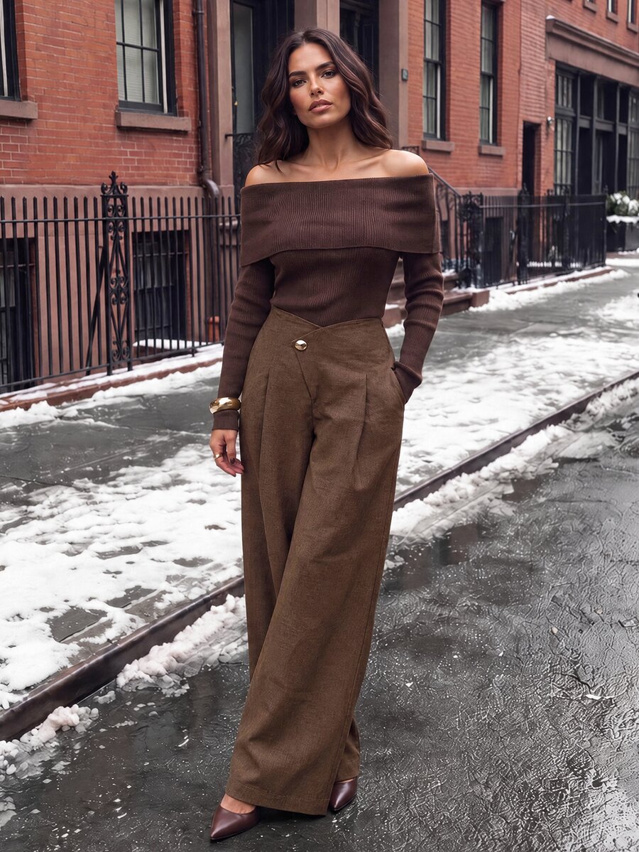 Allurite Women's Solid Color Asymmetric Waist Pleated Wide Leg Elegant Long Pants - Brown - View 1