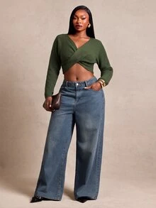 SHEIN SXY Army Green Twisted V-Neck Slim Fit Long Sleeve Cropped Sweater - Army Green - View 3