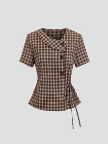 Sweetra French-Style Short-Sleeved Plaid Women's Shirt With A Fitted Waist And Tie, A Simple And Retro Style. - Multicolor - View 7
