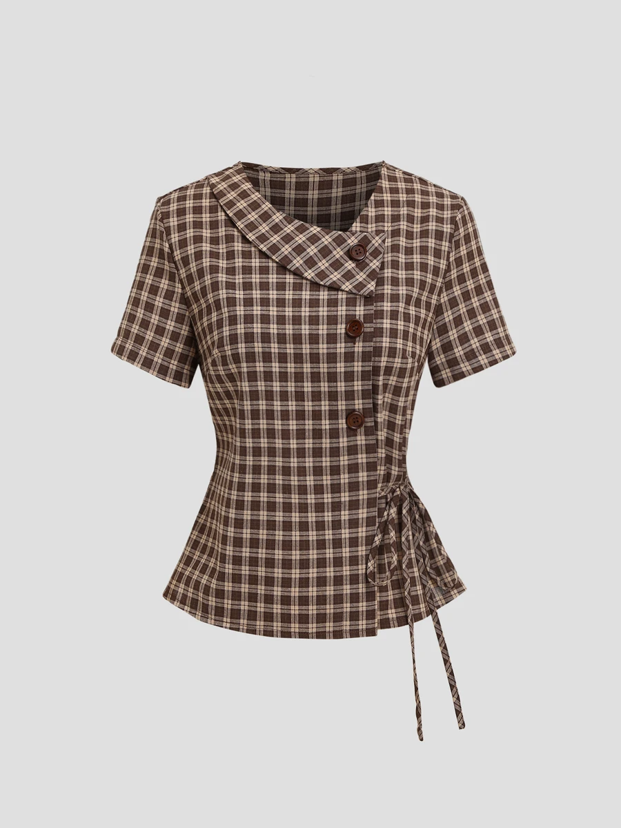 Sweetra French-Style Short-Sleeved Plaid Women's Shirt With A Fitted Waist And Tie, A Simple And Retro Style. - Multicolor - View 1