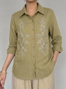 DAZY Spring/Summer Women's Casual Lace Patchwork Blouse - Army Green - View 4