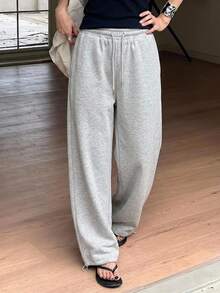 DAZY Celana Sweatpants Kasual Wanita Warna Polos dengan Tali Serut di Pinggang dan Saku, Potongan Lebar. - Grey - View 5