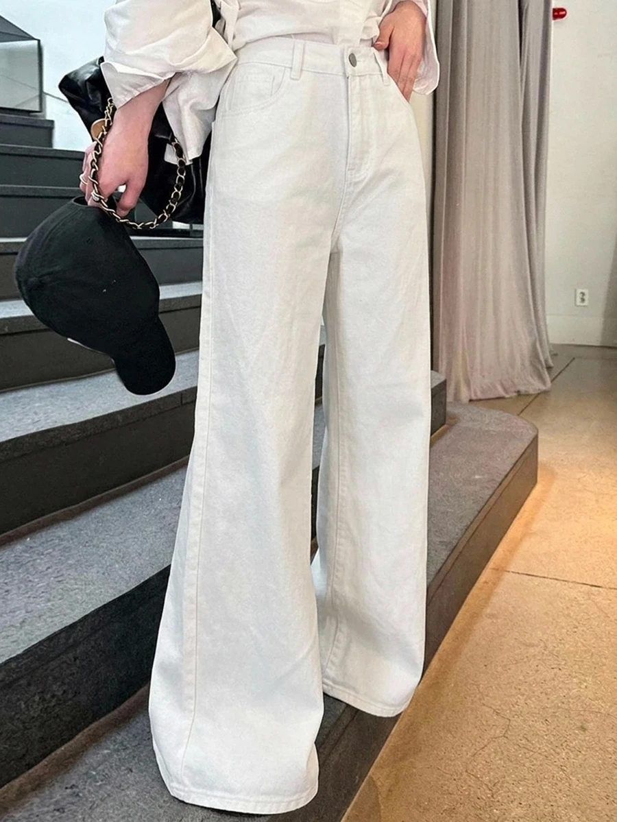 DAZY 女款寬鬆高腰修身直筒牛仔褲,極簡百搭舒適長褲 - 白色 - 查看 1