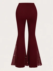 Sweetra Plus Size Sexy Sequin Lace Patchwork Flared Pants - Burgundy - View 2